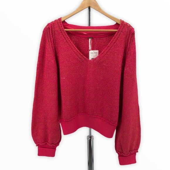 Free People Hot Pink Riptide V-Neck Knit Sweater NWT - Picture 2 of 13